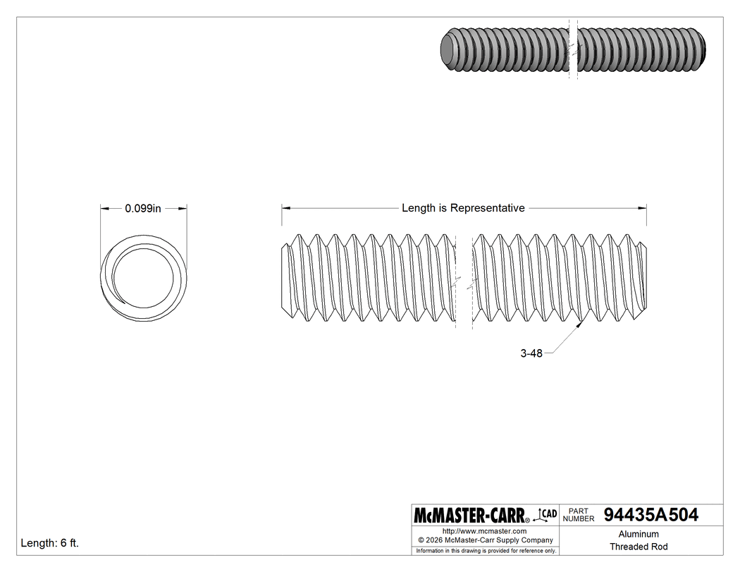 Technical Drawing of Aluminum Threaded Rod, 3-48 Thread Size, 6 Feet Long.